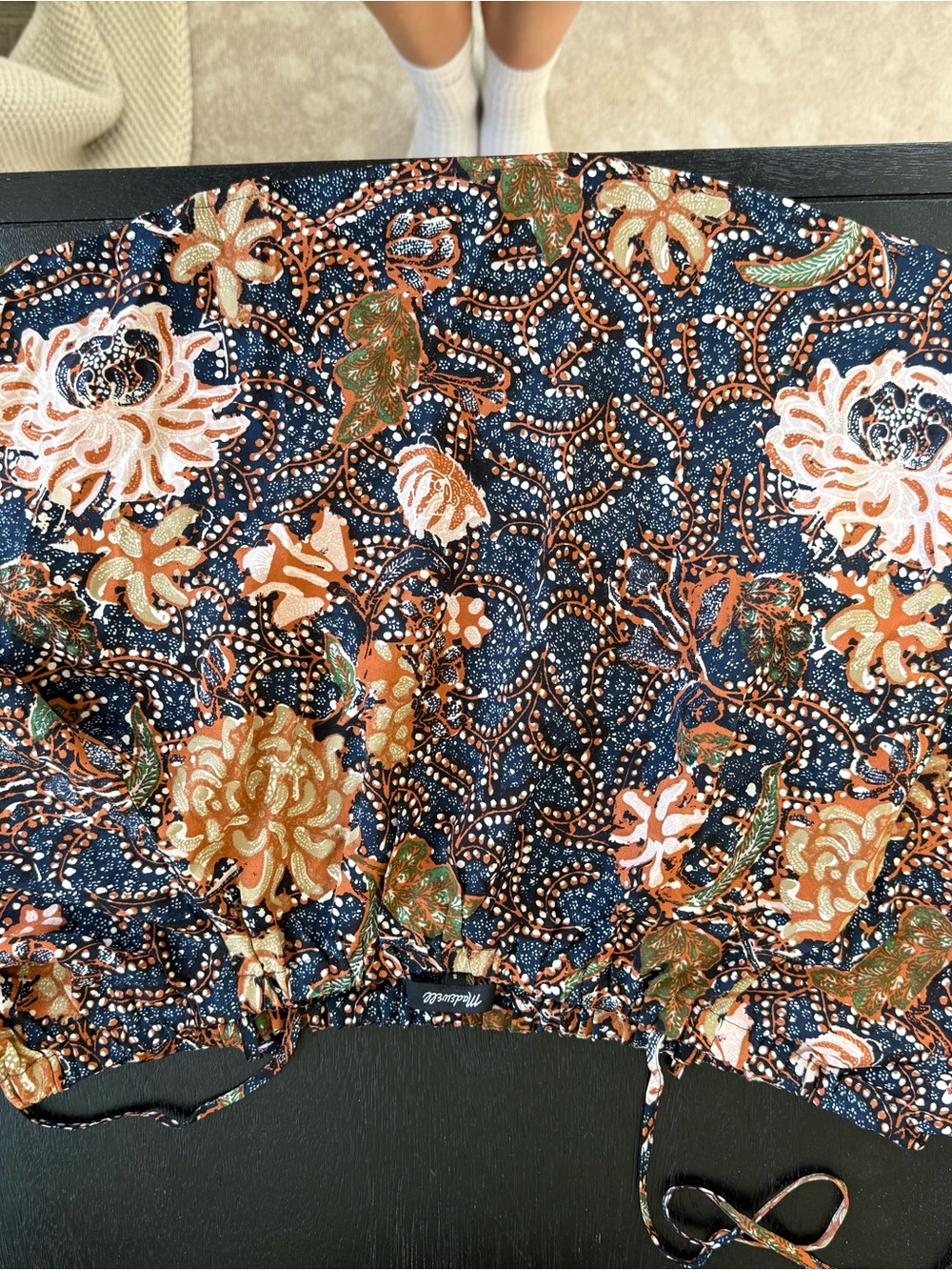 Madewell Navy Floral Smocked Crop Top with Rust & Cream